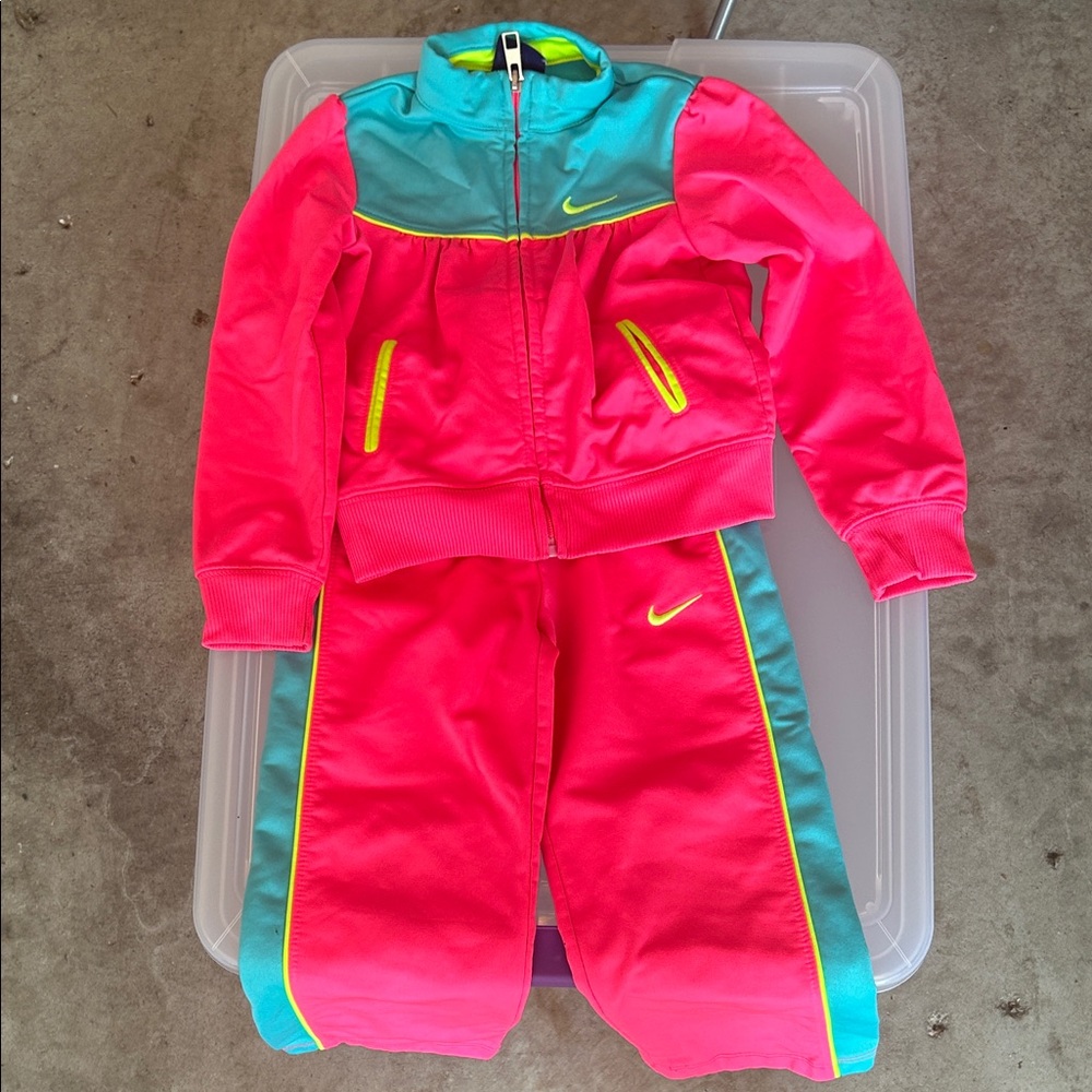 Nike Pink and Teal Kids Tracksuit with Yellow Accents